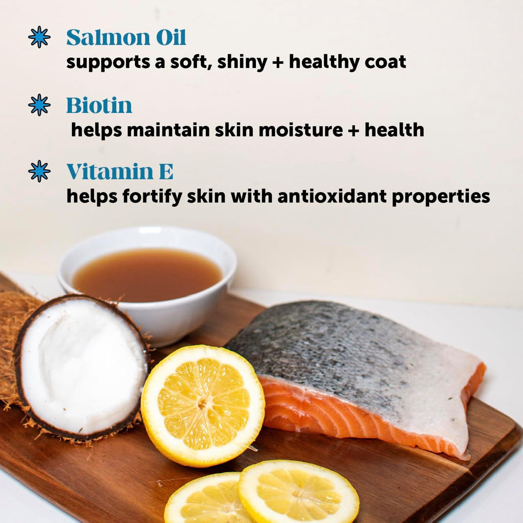 Pet Honesty Suplemento de Piel y Pelaje para Perros con Aceite de Salmón - Caldo de Huesos con Aceite de Salmón, Colágeno, Biotina y Vitamina E (340 g)
