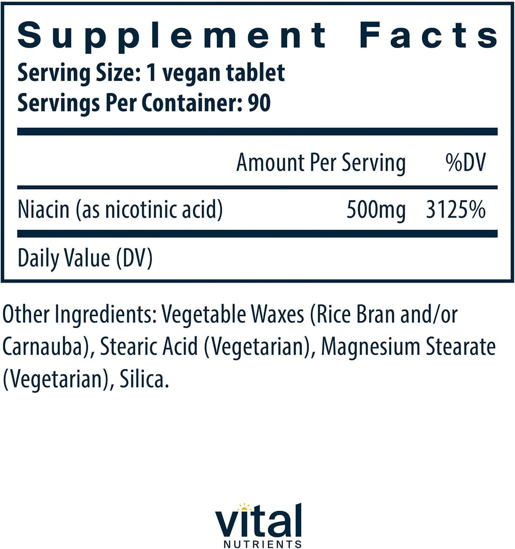 Vital Nutrients Niacin 500mg - Slow Release - 90 Tablets