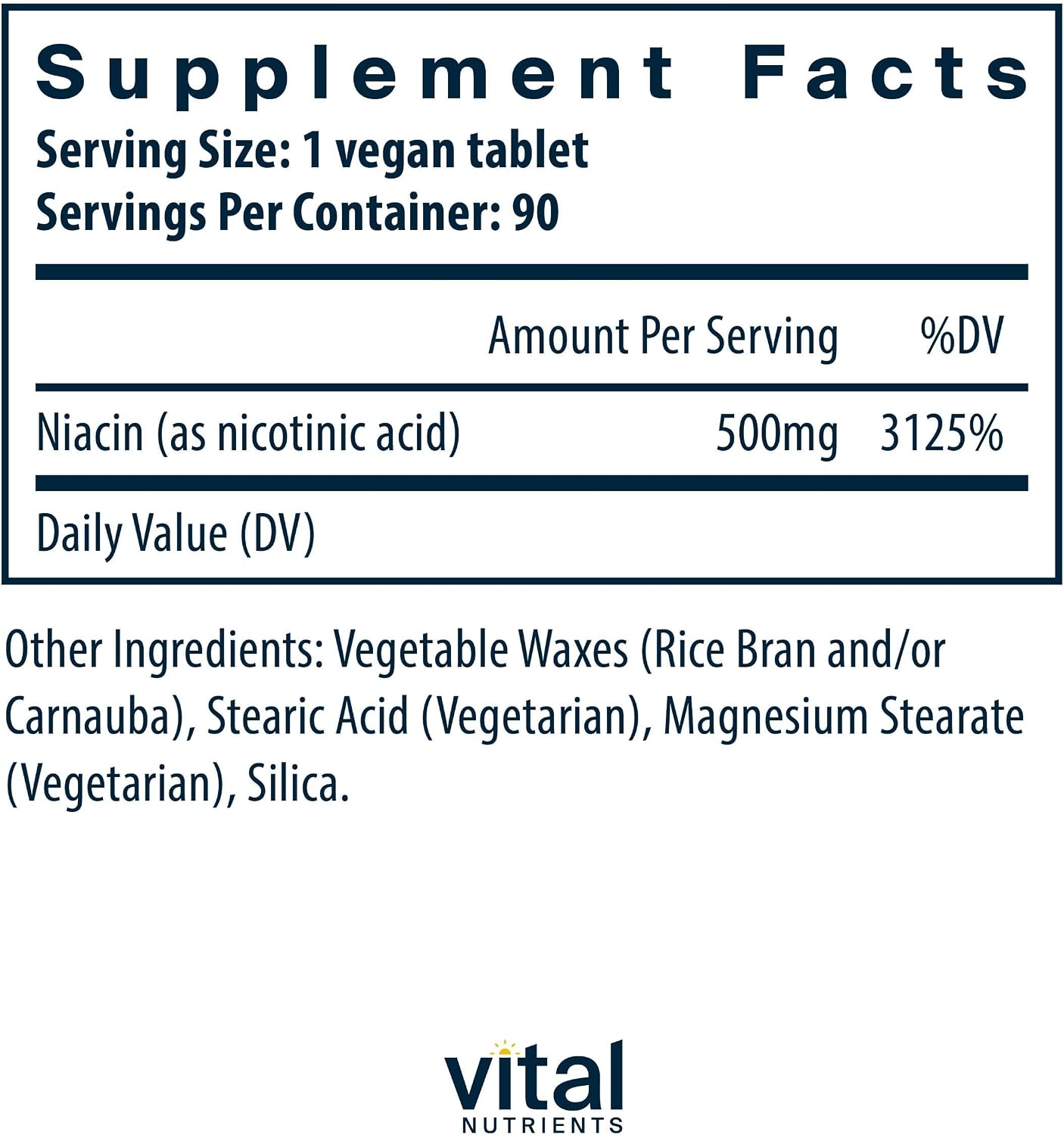 Vital Nutrients Niacin 500mg - Slow Release - 90 Tablets