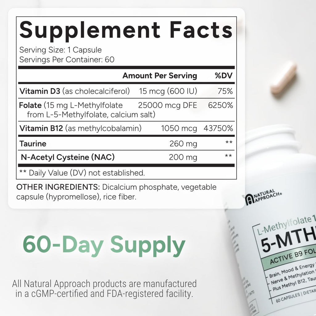 L-Metilfolato 15mg con Metil-B12, D3, NAC y Taurina | 60 Cápsulas