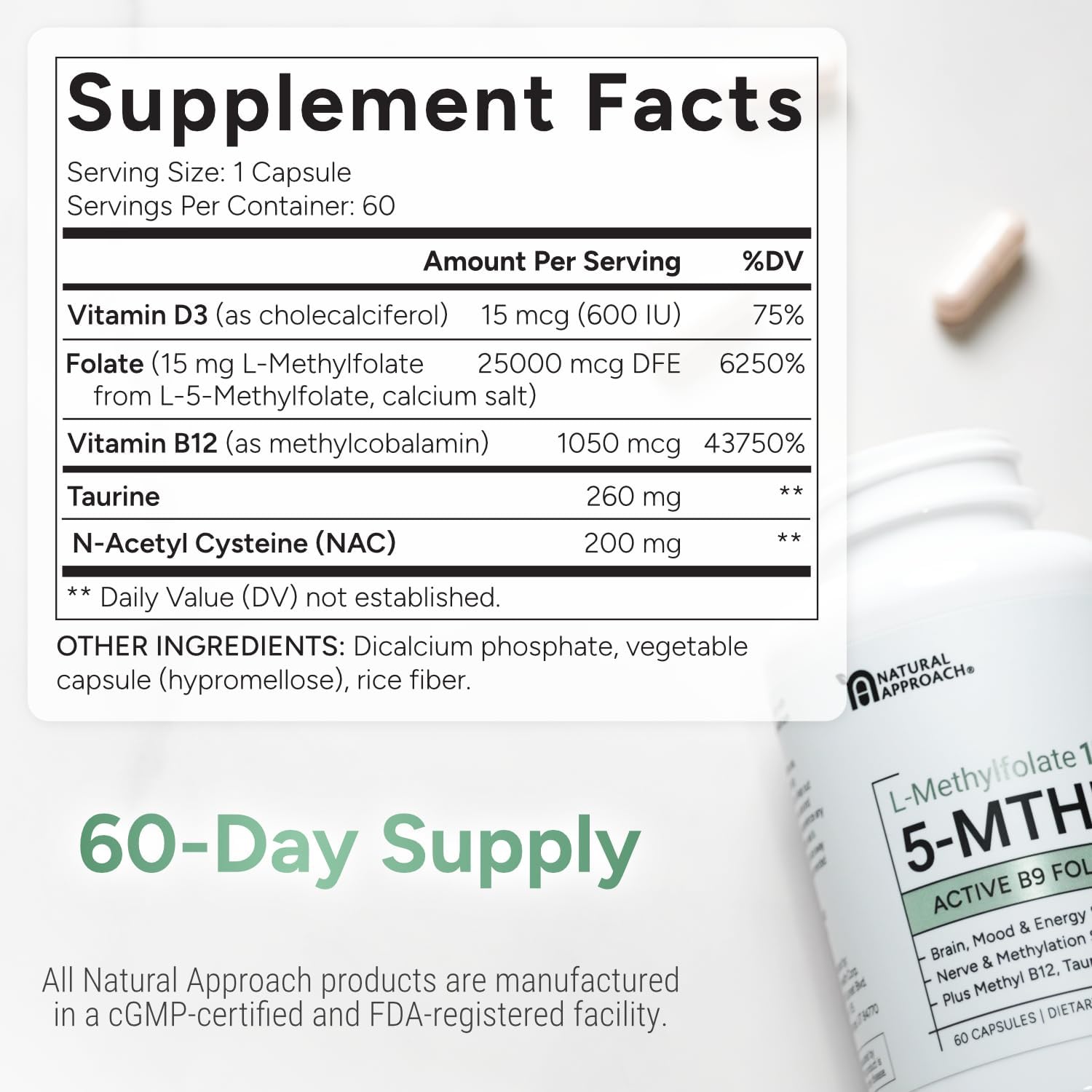 L-Metilfolato 15mg con Metil-B12, D3, NAC y Taurina | 60 Cápsulas