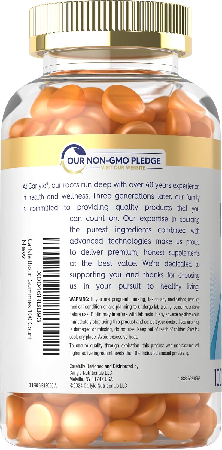 Carlyle Biotin 10000mcg Gummies – Gominolas de Biotina 10000 mcg, Sabor Melocotón, 100 uds