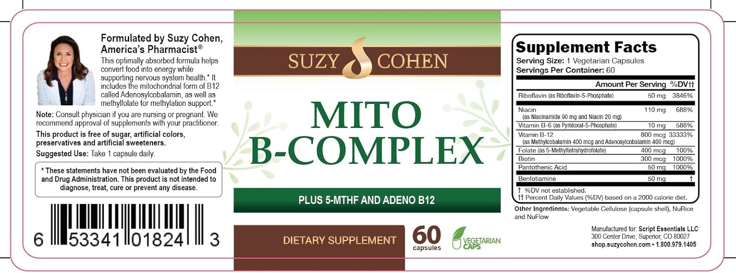 Script Essentials Suzy Cohen, Mito B Complex - Suplemento de Complejo B con 5-MTHF y Adeno B12, 60 Cápsulas