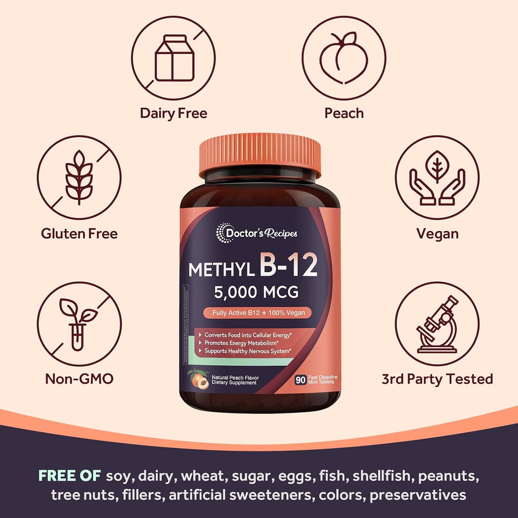 Doctor's Recipes Vitamina B12, Metilcobalamina 5000 mcg, 90 Comprimidos de Disolución Rápida, Sabor Natural a Melocotón, Vegano