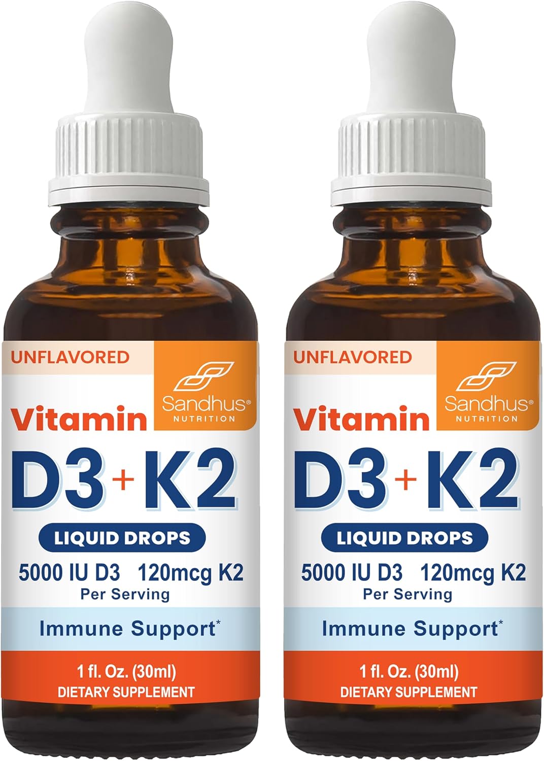 Sandhu's Gotas de Vitamina D3 y K2 para Adultos | 5000 UI D3, 120 mcg K2, 2 x 30 ml