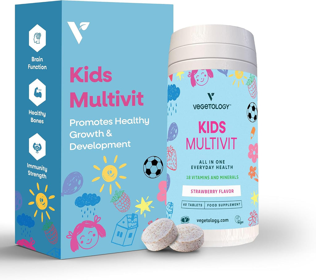 VEGETOLOGY Kids MultiVitamin - Multivitamínico infantil vegano masticable, 60 comprimidos sabor fresa