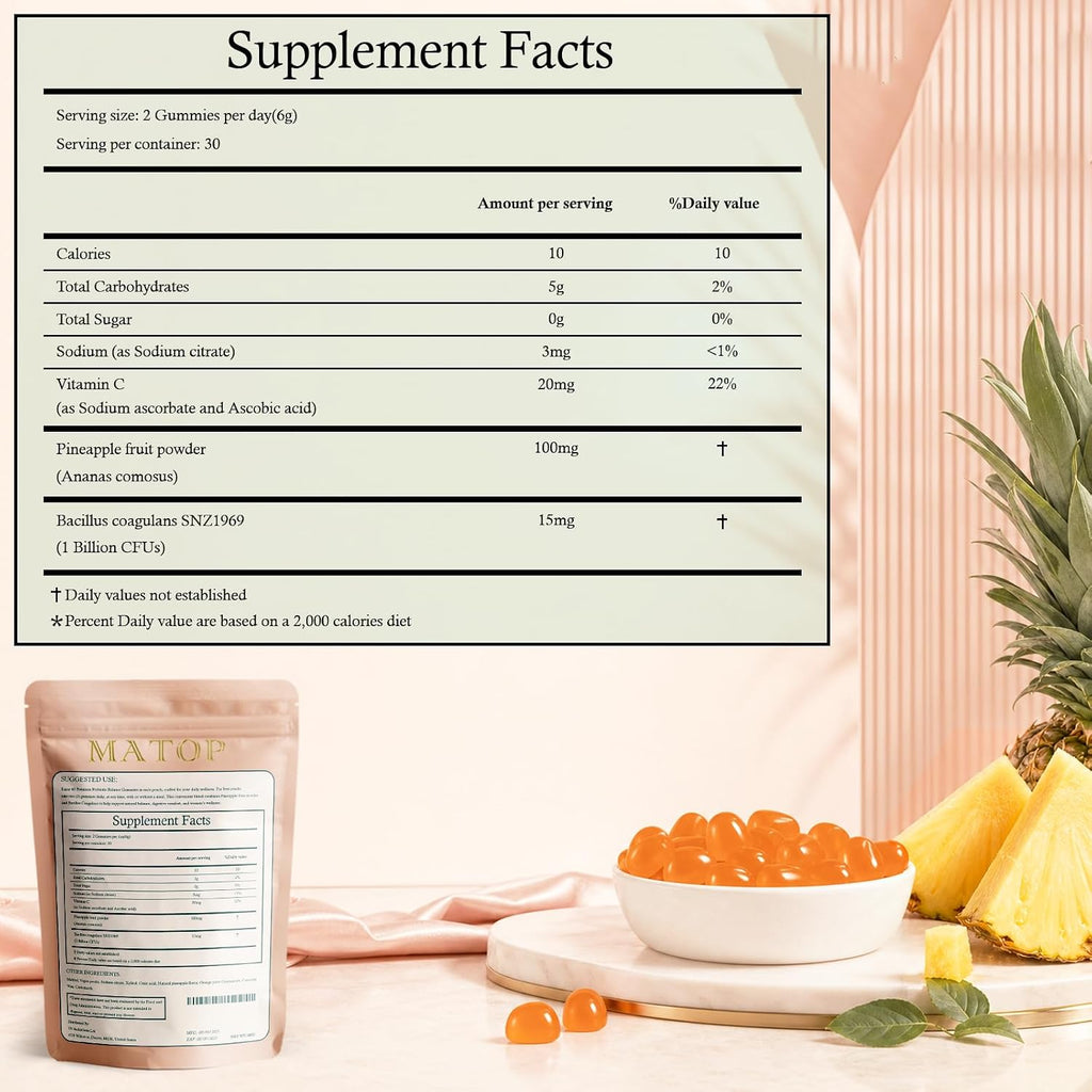 MATOP Probiótico para Mujeres Gomitas de Piña - Salud Digestiva y Equilibrio Femenino, Vegano Sin Azúcar, 60 Unidades