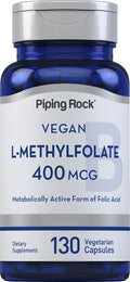 Piping Rock L-Metilfolato Complemento Alimenticio | 400 mcg | 130 Cápsulas | Vegano | Sin Gluten