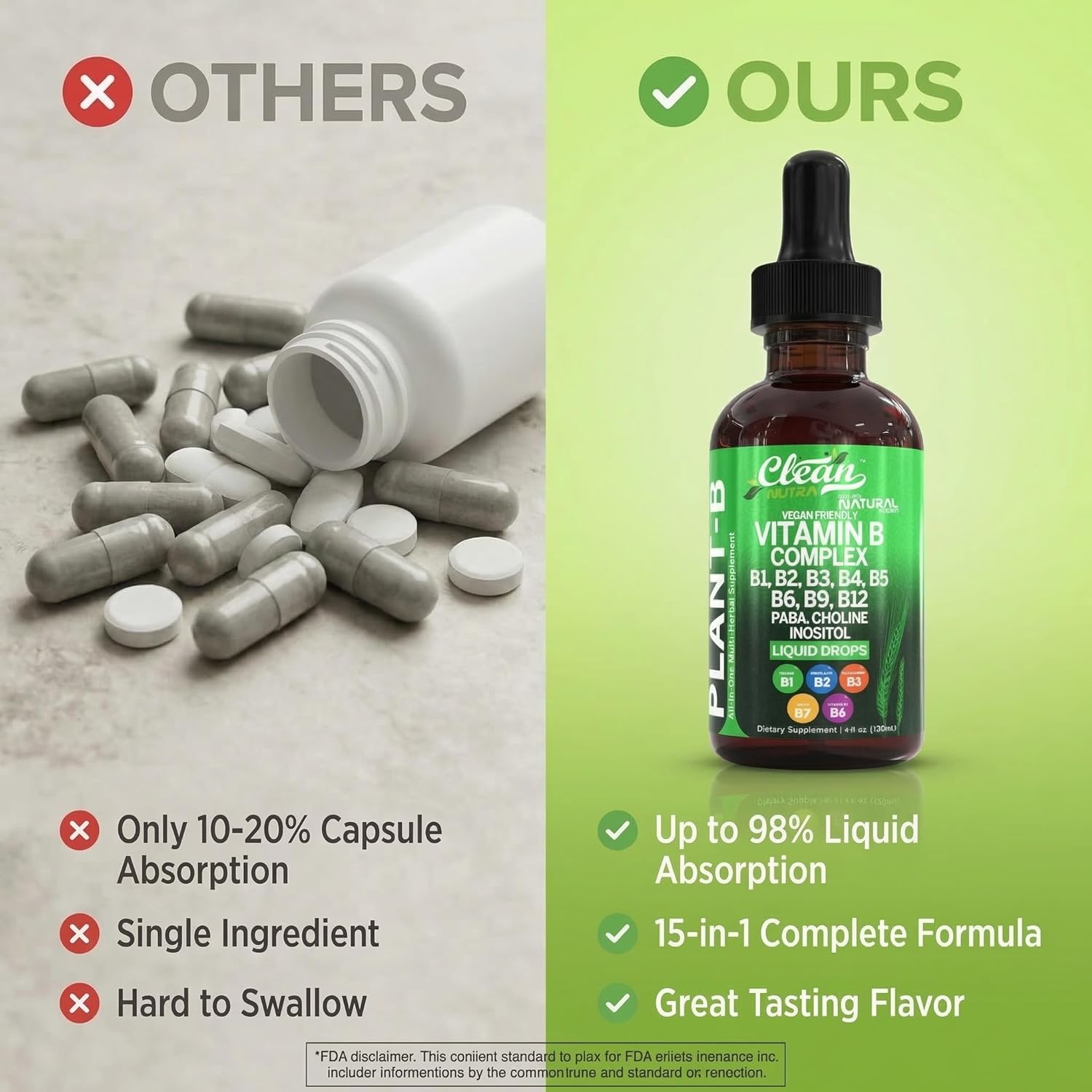 Complejo de Vitaminas B Líquido - Gotas de Vitamina B1, B2, B3, B5, B6, B7, B9, B12, Minerales y Hierbas - Clean Nutra