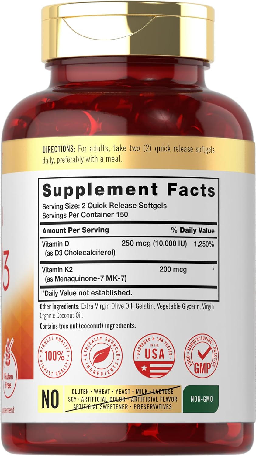 Carlyle Vitamina K2 D3 | 300 Cápsulas Blandas | 200 mcg K2 MK7 y 10,000 UI D3 | Sin Gluten, No-GMO