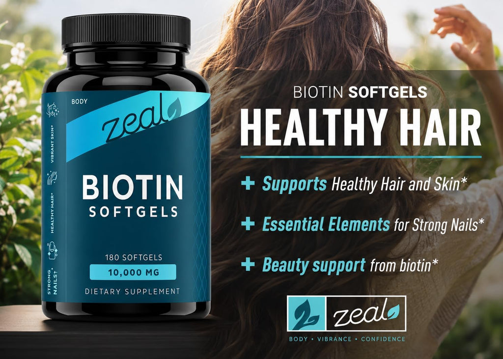Zeal Biotina 10000mcg Cápsulas Blandas de Aceite | Cabello, Piel y Uñas | 180 Cápsulas