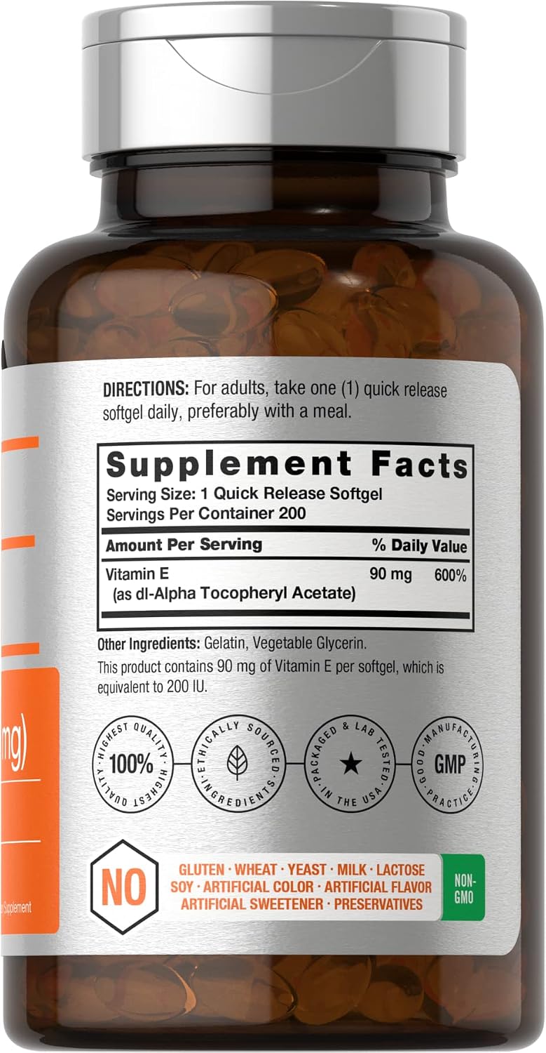 Horbäach Vitamina E 200 UI (90 mg) – 200 Cápsulas Blandas – Sin Gluten y No OGM