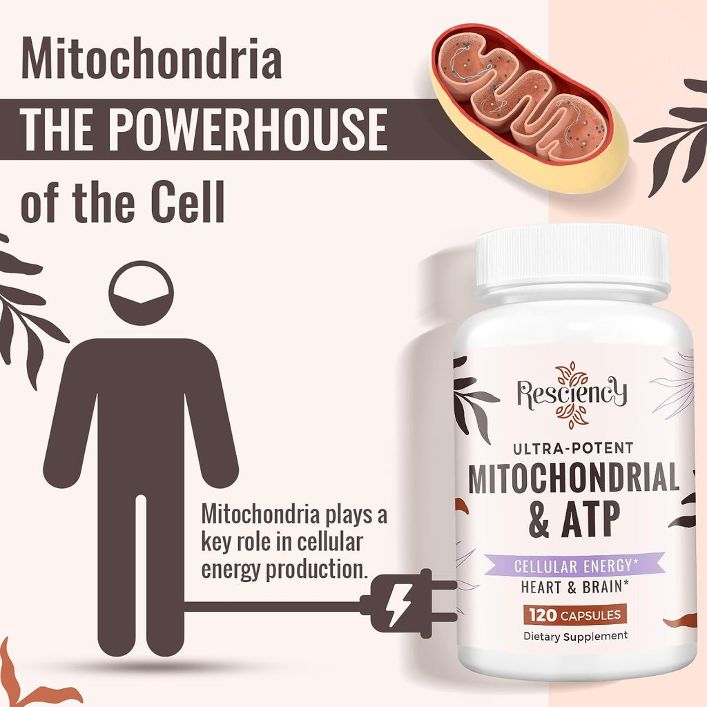 Resciency Suplemento Mitocondrial 2326 mg - ATP, CoQ10, PQQ, Vitaminas - 120 Cápsulas