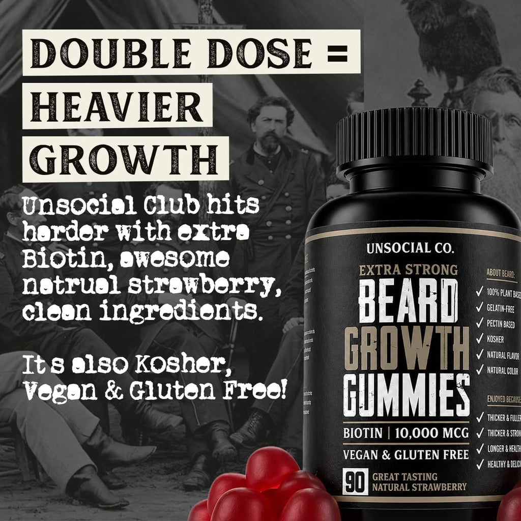 Unsocial Club Gominolas para el Crecimiento de Barba 90 ct | 10,000 mcg Biotina | Vitamina B7 | Vegano, Kosher y Sin Gluten | Sabor Fresa Natural