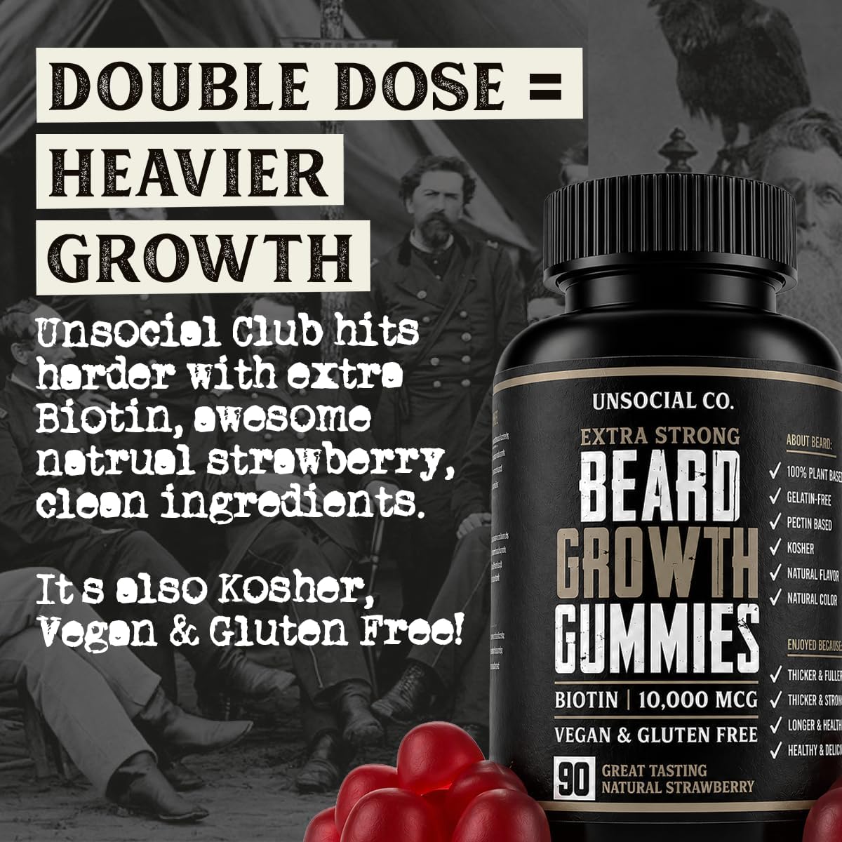 Unsocial Club Gominolas para el Crecimiento de Barba 90 ct | 10,000 mcg Biotina | Vitamina B7 | Vegano, Kosher y Sin Gluten | Sabor Fresa Natural