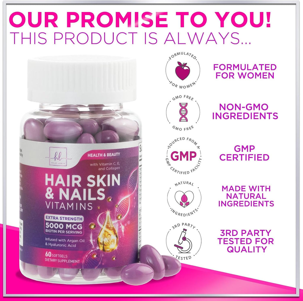 Vitaminas para el Cabello con Biotina, Colágeno y Ácido Hialurónico - Hello Lovely! - 60 Cápsulas Blandas