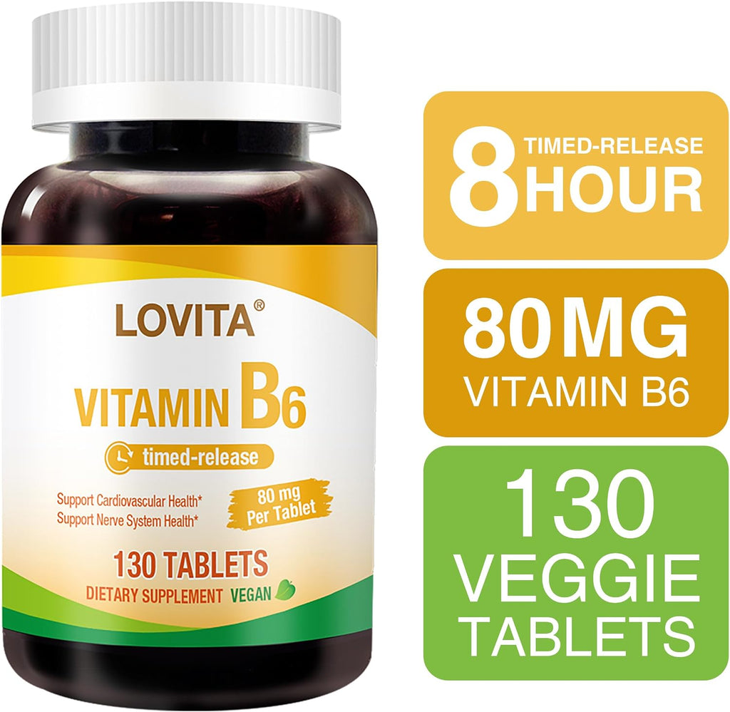 LOVITA Vitamin B6 (Clorhidrato de Piridoxina) 80mg, Liberación Prolongada 8 Horas, 130 Comprimidos Veganos