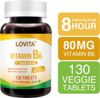 LOVITA Vitamin B6 (Clorhidrato de Piridoxina) 80mg, Liberación Prolongada 8 Horas, 130 Comprimidos Veganos