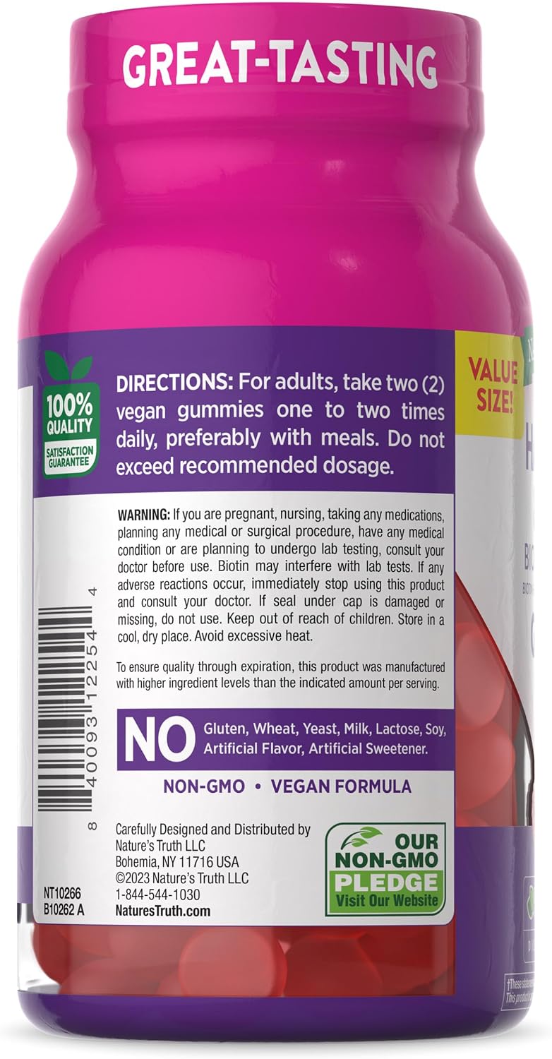 Nature's Truth Gominolas para Cabello, Piel y Uñas con Biotina - 140 Gominolas Veganas Sabor Fruta