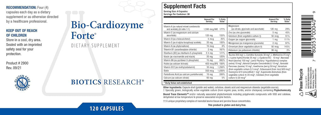 BIOTICS RESEARCH Bio Cardiozyme Forte, Multivitamínico cardíaco de amplio espectro, 120 cápsulas