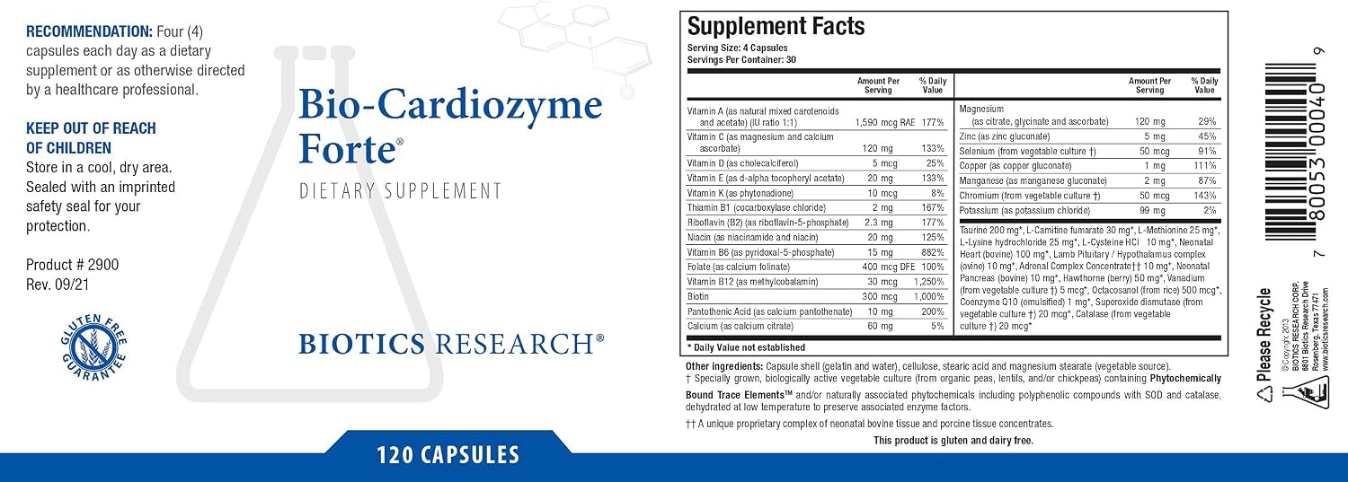 BIOTICS RESEARCH Bio Cardiozyme Forte, Multivitamínico cardíaco de amplio espectro, 120 cápsulas