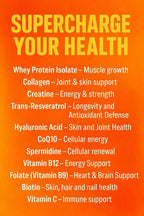 Vital Nutrition and Health Polvo All-in-One: Proteína, Colágeno, Creatina, Resveratrol, Espermidina, Ácido Hialurónico, CoQ10 + Vitaminas Clave