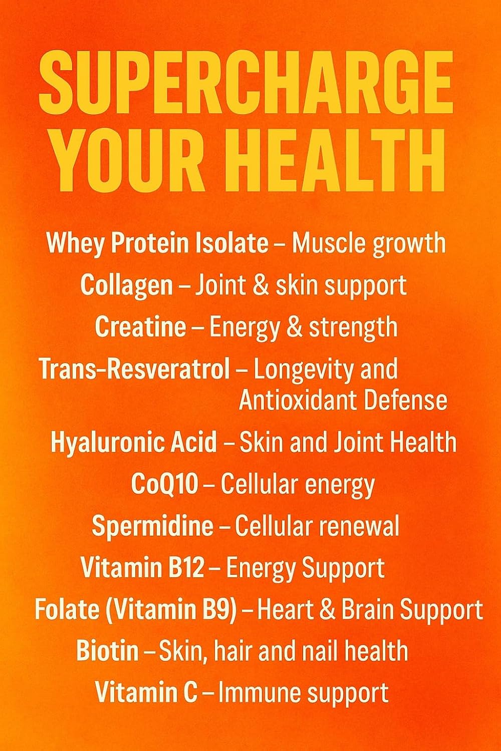 Vital Nutrition and Health Polvo All-in-One: Proteína, Colágeno, Creatina, Resveratrol, Espermidina, Ácido Hialurónico, CoQ10 + Vitaminas Clave