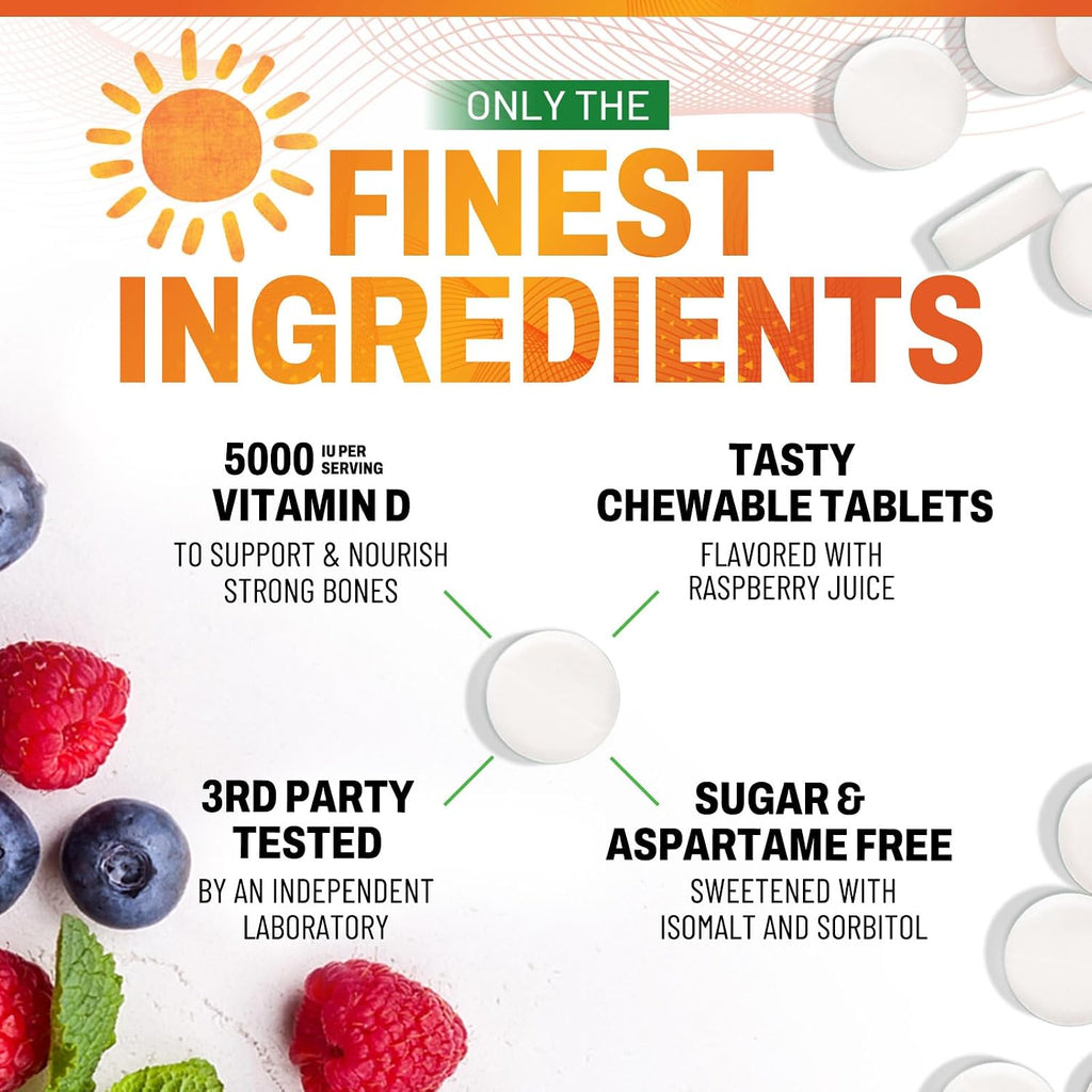Vitamina D3 5000 UI (125 mcg) por Porción - Triple Potencia - Apoyo Inmunológico, Huesos, Dientes y Músculos - Vegano, Sin Gluten, Sabor a Frambuesa - 120 Comprimidos Masticables