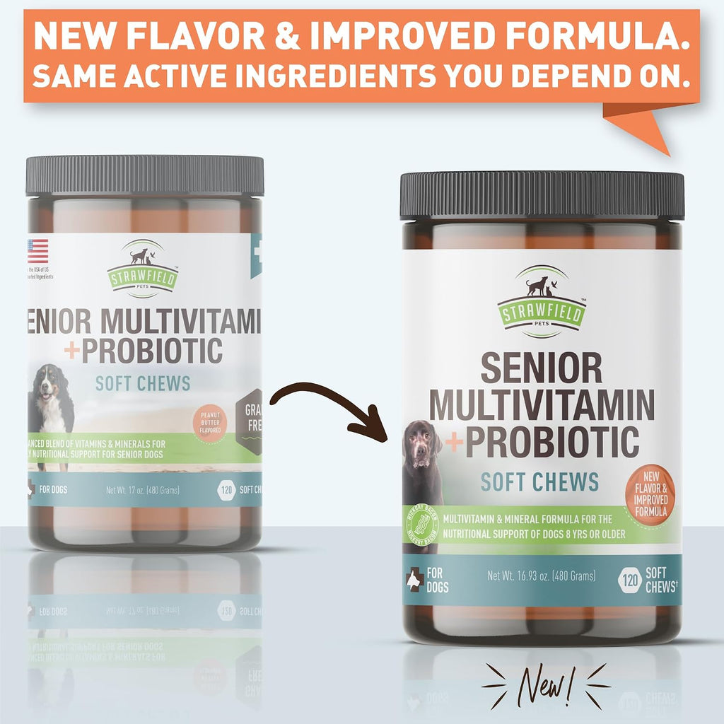 Strawfield Pets Multivitamínico Senior con Probióticos y Cardo Mariano para Perros, Sabor a Bacon, 120 Masticables Blandos