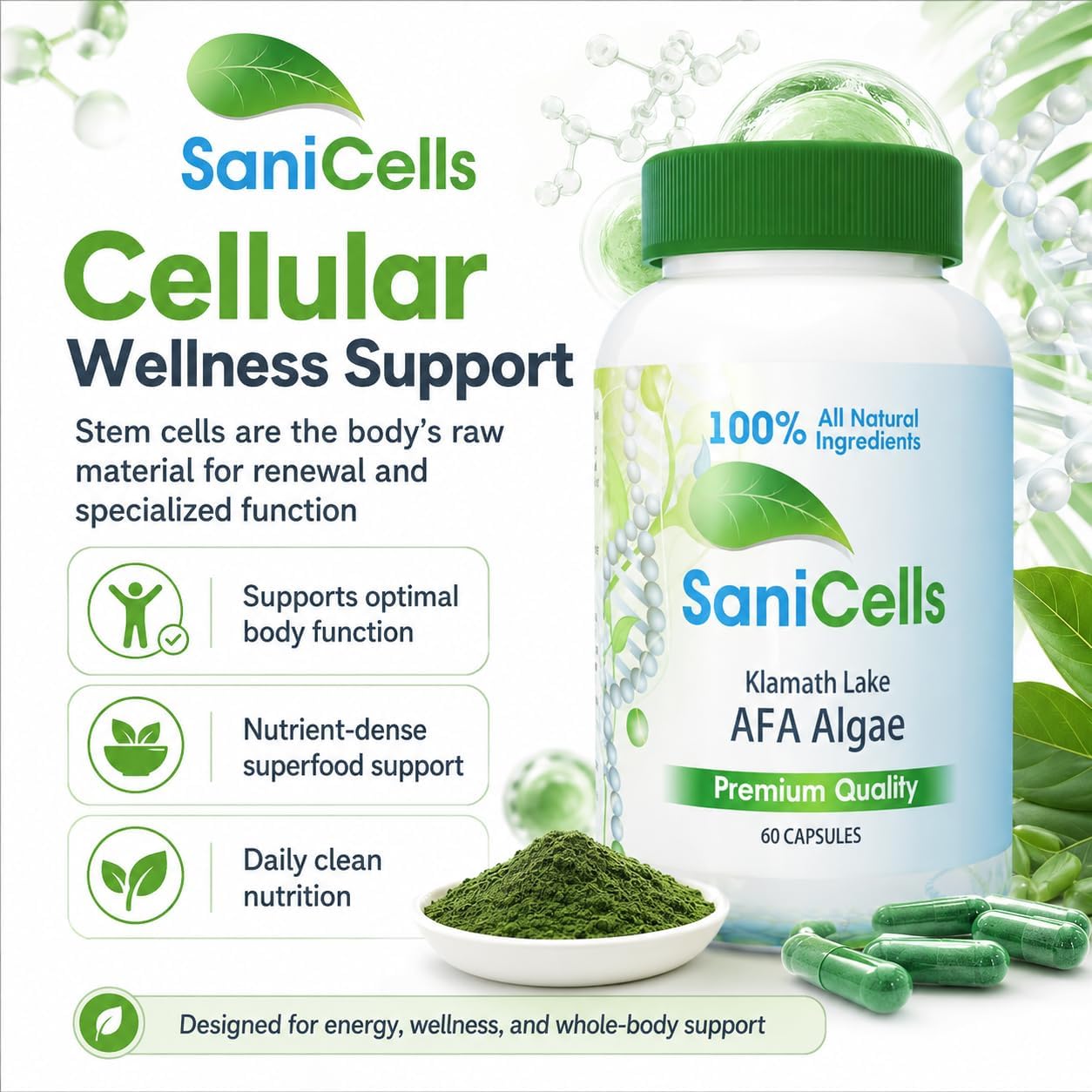 TROYA Sani Cells Cápsulas de Alga AFA Orgánica