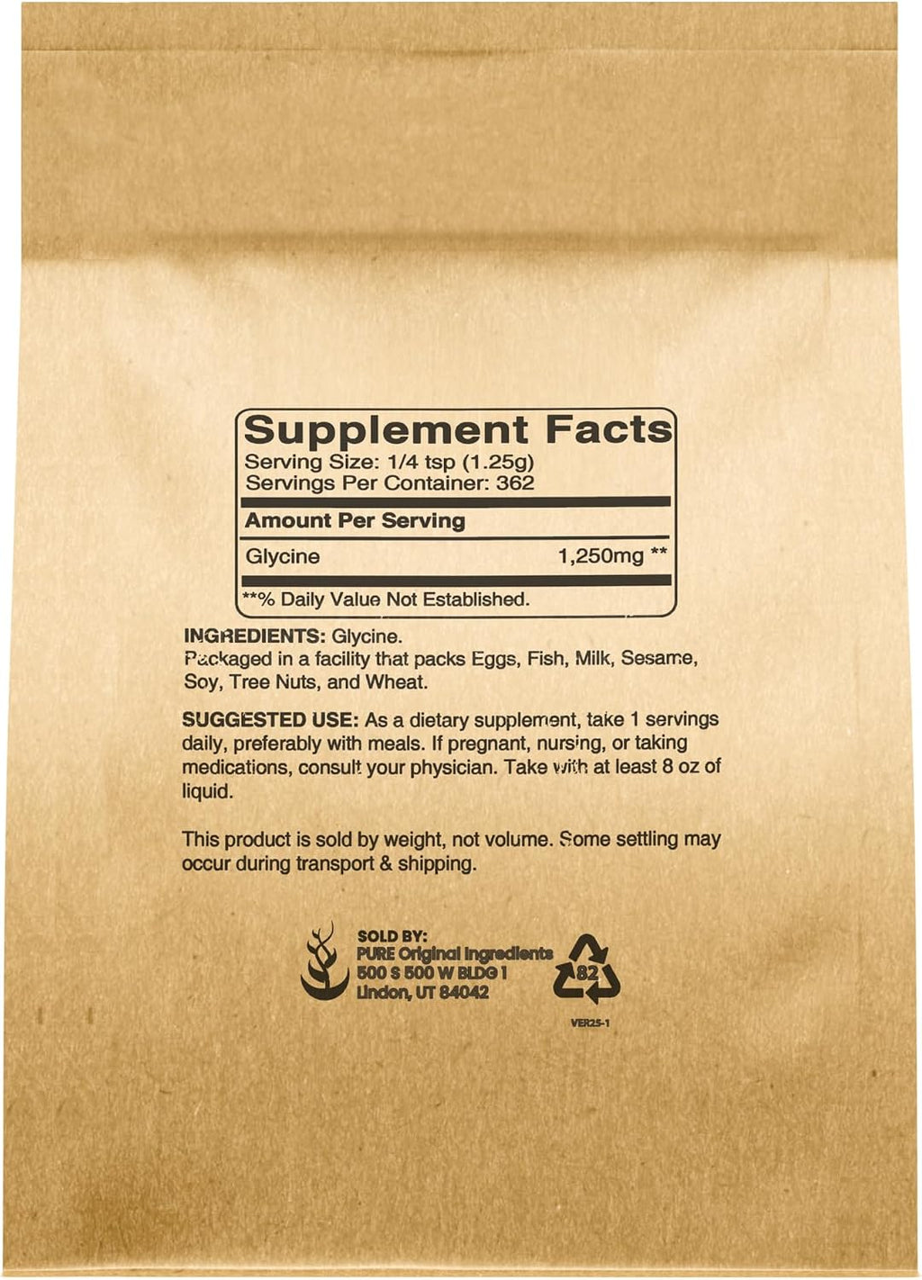 PURE ORIGINAL INGREDIENTS Glicina en Polvo, 454g (1 lb), No Transgénico, Aminoácido No Esencial