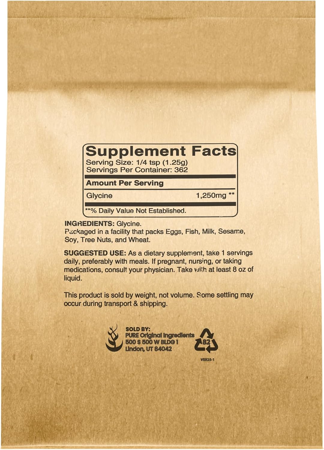 PURE ORIGINAL INGREDIENTS Glicina en Polvo, 454g (1 lb), No Transgénico, Aminoácido No Esencial
