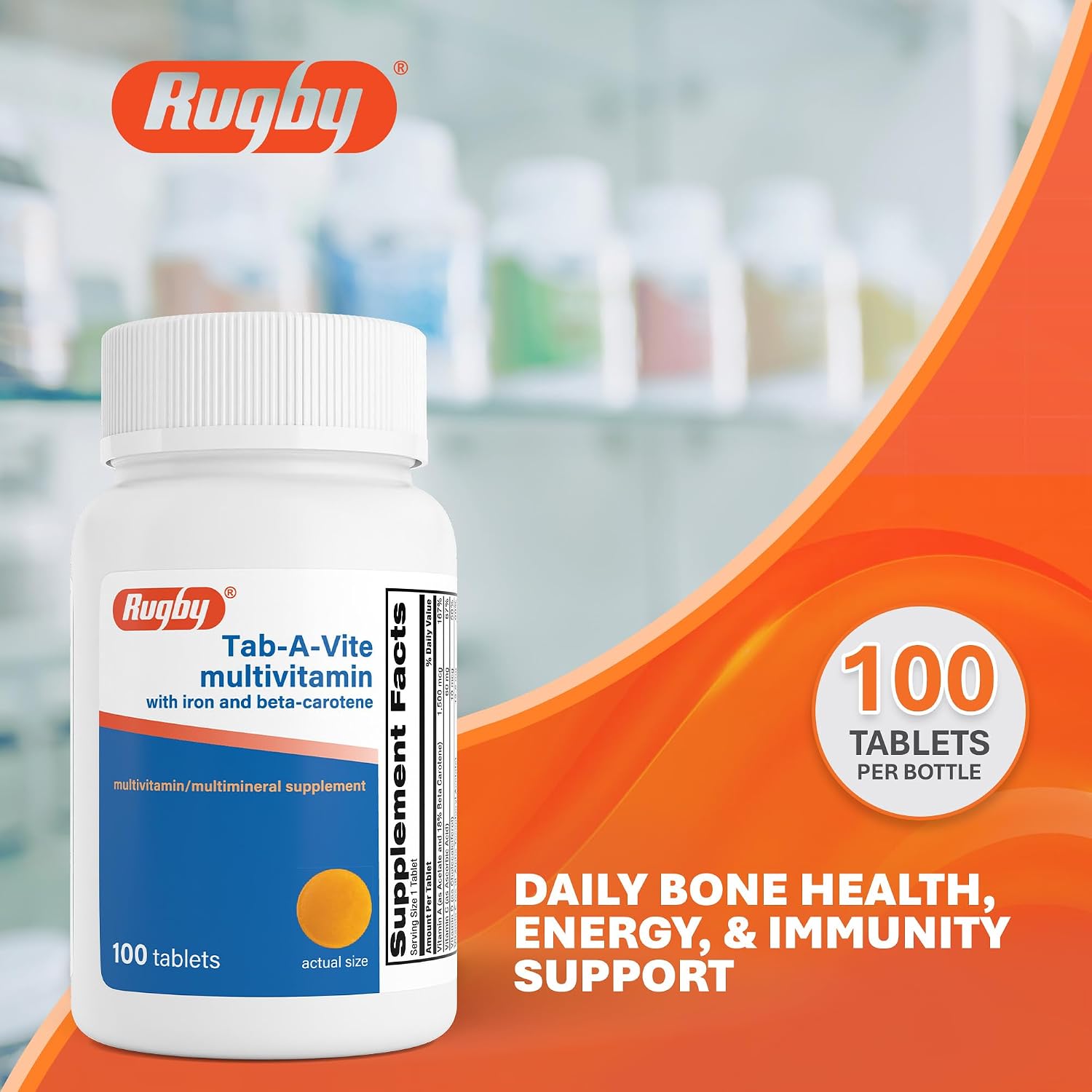 Rugby Tab-A-Vite Multivitamin con Hierro y Betacaroteno - Multivitamínico Diario para Adultos, Apoya la Salud General, Suplemento Multimineral - 100 Comprimidos