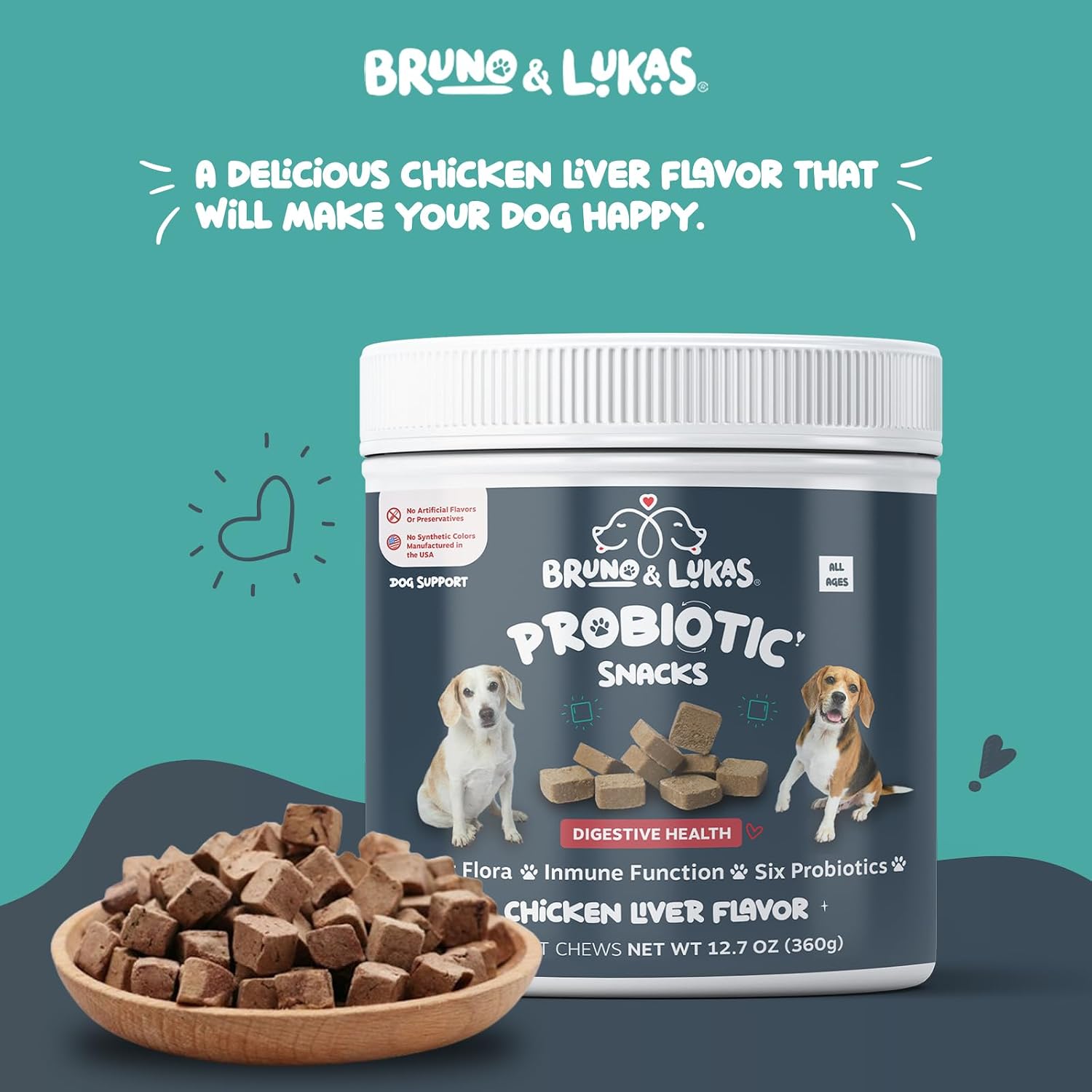 Bruno & Lukas Probióticos Masticables para Perros – Salud Digestiva y Apoyo Inmunológico – 90 Chews