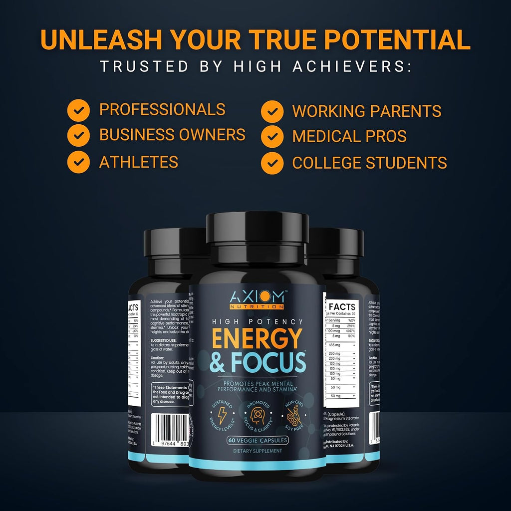 Axiom Nutrition Energy and Focus Extra Strength - 200mg Cafeína y Melena de León, 60 Cápsulas