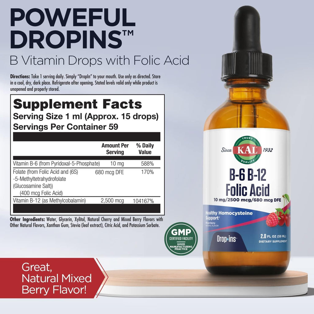 KAL Vitamin B-6 B-12 Folic Acid DropIns, Gotas Líquidas de Complejo B, 59 dosis, 2 oz