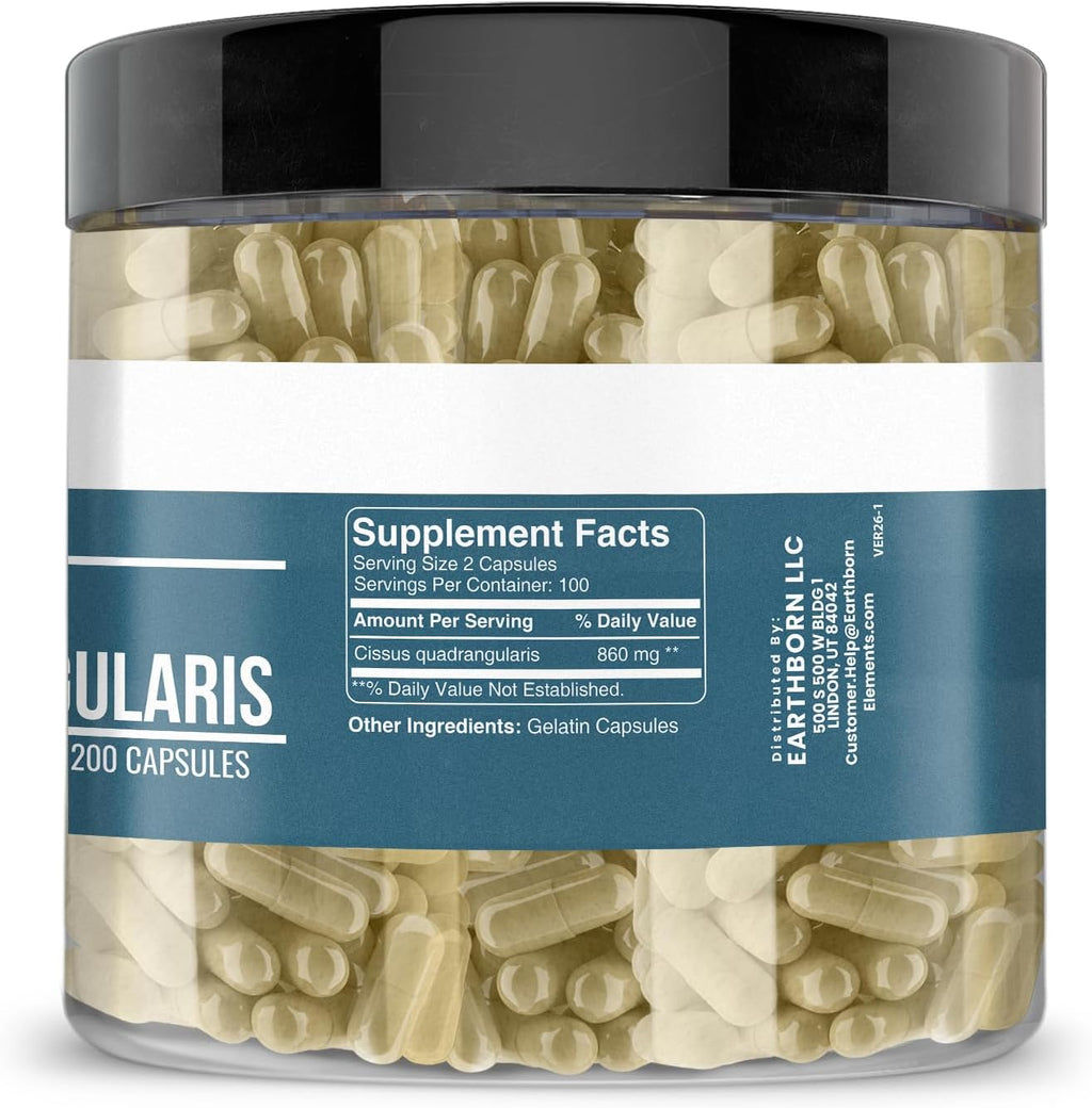 Earthborn Elements Cissus Quadrangularis 200 Cápsulas, Puro y sin Diluir, Sin Aditivos
