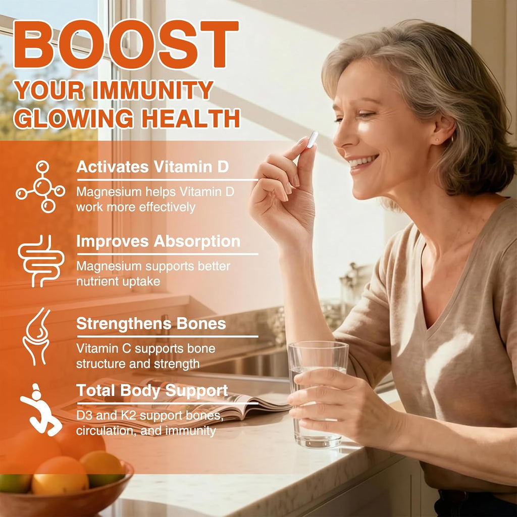 ZEBORA Vitamina D3 K2 5000 UI, 6 en 1 con Magnesio, Calcio, Fósforo y Vitamina C, 120 Cápsulas