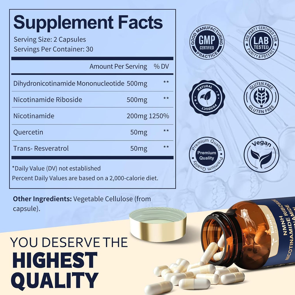 Totaria NMNH (Dihidronicotinamida Mononucleótido) – Alternativa NAD+ con Vitamina B3 y Quercetina