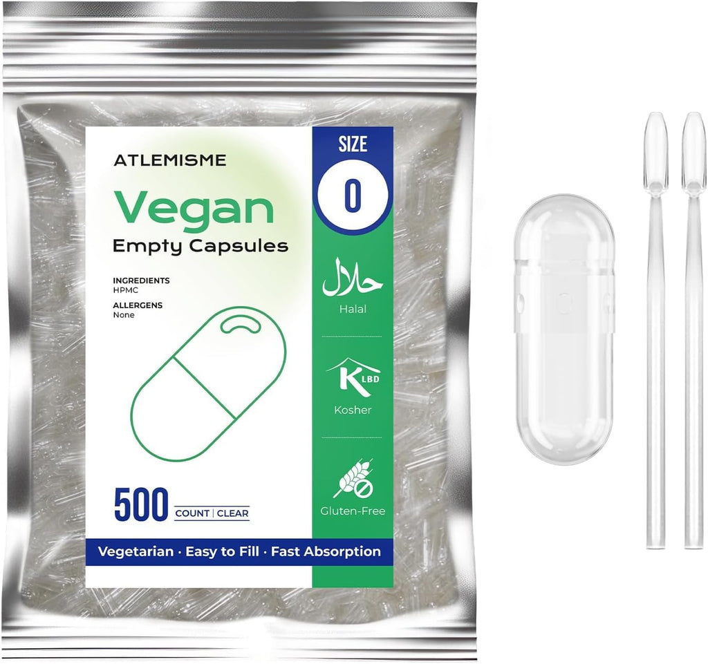 Cápsulas Vegetales Vacías Tamaño 0 - 100 Unidades - Cápsulas Veganas con 2 Micro Cucharas de Laboratorio - ATLEMISME