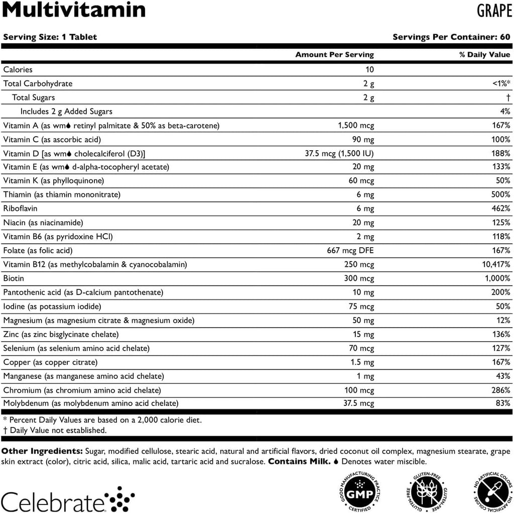 Celebrate Vitamins Multivitamínico Bariátrico Masticable Sin Hierro - 60 Comprimidos Sabor Uva