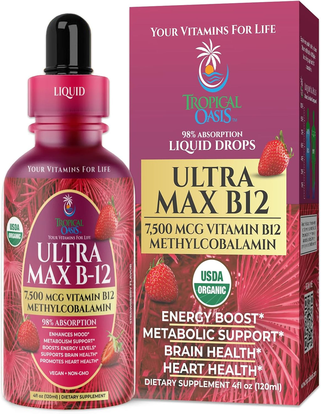 Ultra Max B12 5000 mcg Gotas Sublinguales de Vitamina B12 Metilcobalamina Sabor Fresa
