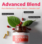 Suplemento de Berberina HCL con Melón Amargo y Hoja de Banaba - 500mg por Cápsula, 120 Cápsulas Vegetarianas - Healths Harmony