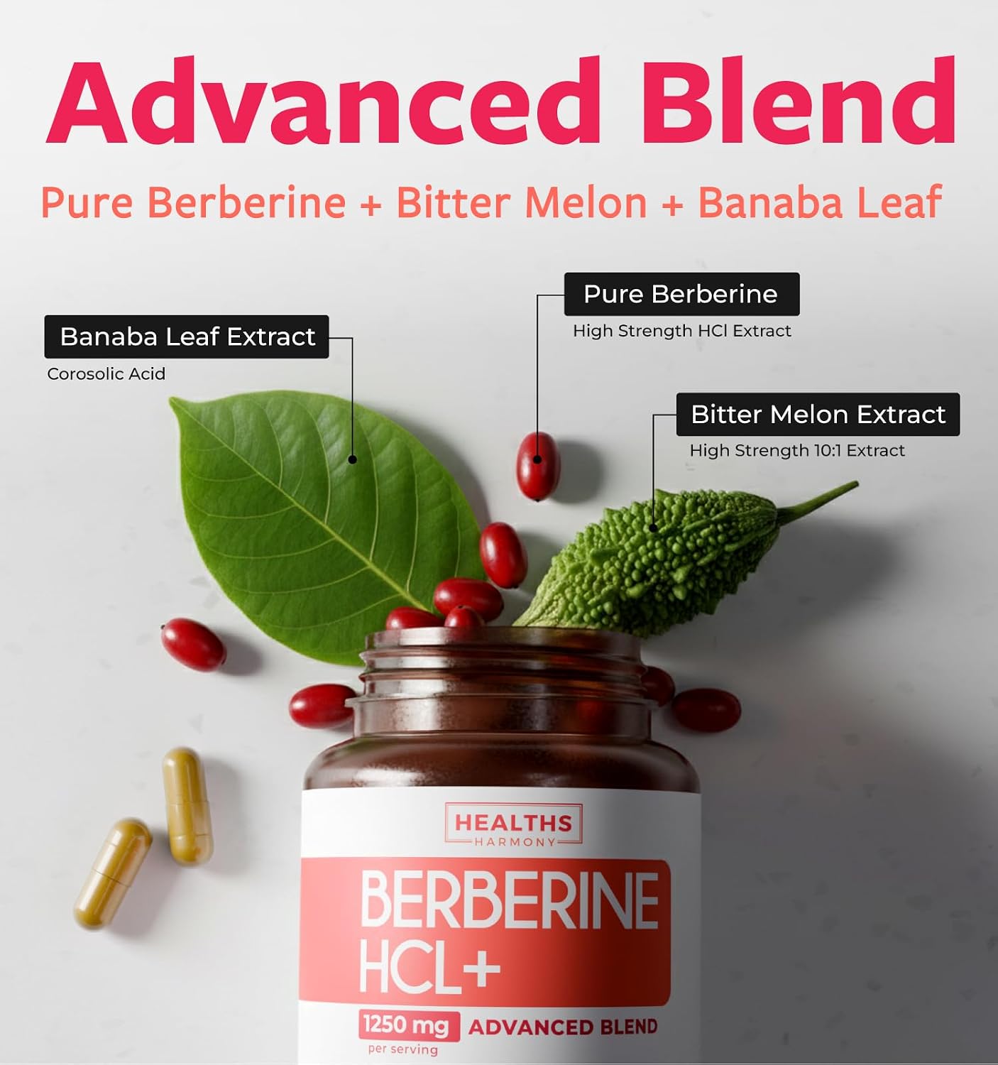 Suplemento de Berberina HCL con Melón Amargo y Hoja de Banaba - 500mg por Cápsula, 120 Cápsulas Vegetarianas - Healths Harmony