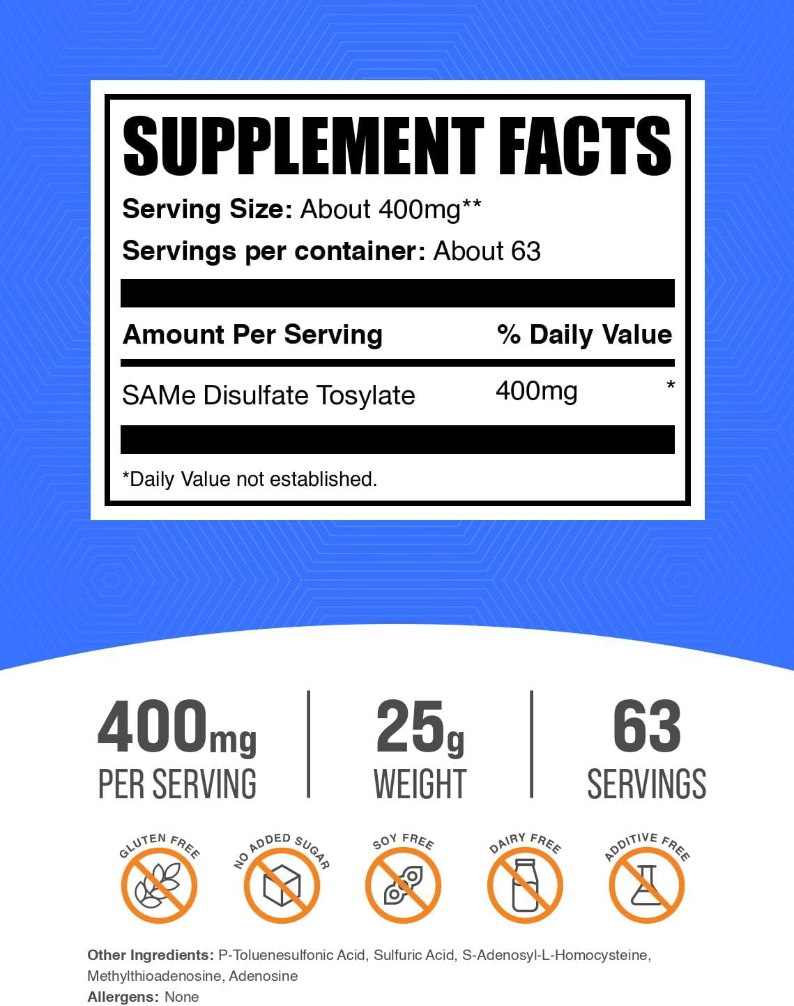 BulkSupplements SAM-e en Polvo - S-Adenosil-L-Metionina 400mg por Ración, 25g