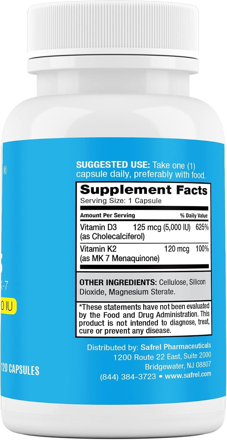 Safrel Vitamina D3 5000 UI + K2 MK-7 120 mcg, 120 Cápsulas