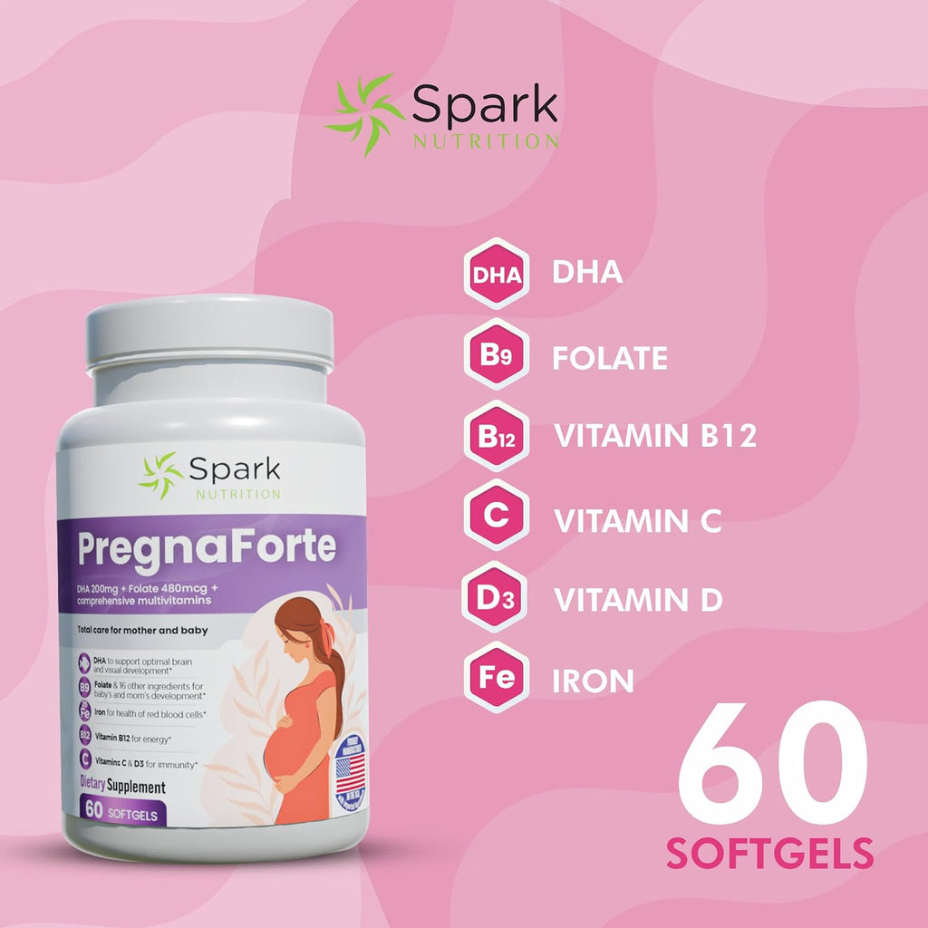 Pregnaforte 1 al Día Vitaminas Prenatales - 60 Cápsulas con Ácido Fólico y Omega 3