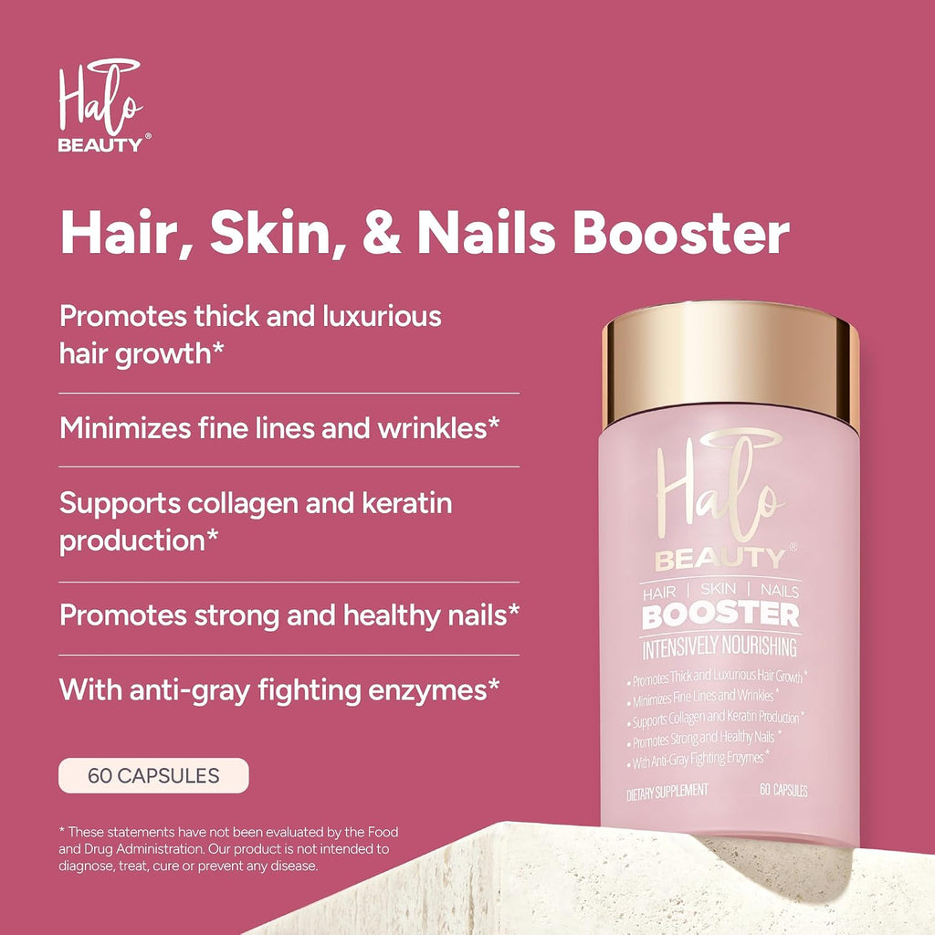 Halo Beauty Suplemento para Cabello, Piel y Uñas | Cabello más Grueso, Piel Radiante y Uñas Fuertes con Biotina, Saw Palmetto y Fitoceramidas | Cápsulas Veganas | Fabricado en EE. UU. | Suministro de 1 Mes