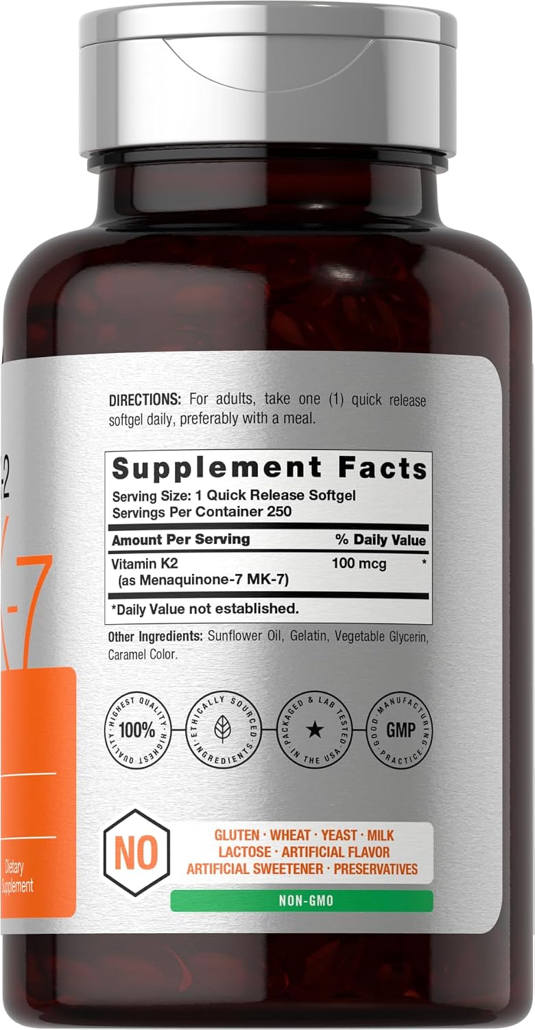 Horbäach Vitamina K2 MK7 100 mcg | 250 Cápsulas Blandas | Suplemento No-GMO Sin Gluten