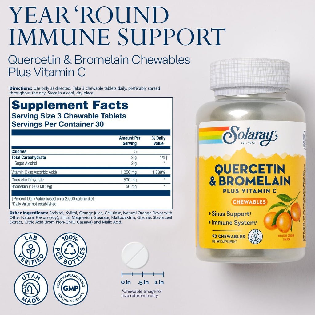 SOLARAY Quercetin con Bromelina y Vitamina C Comprimidos Masticables - 90 Comprimidos